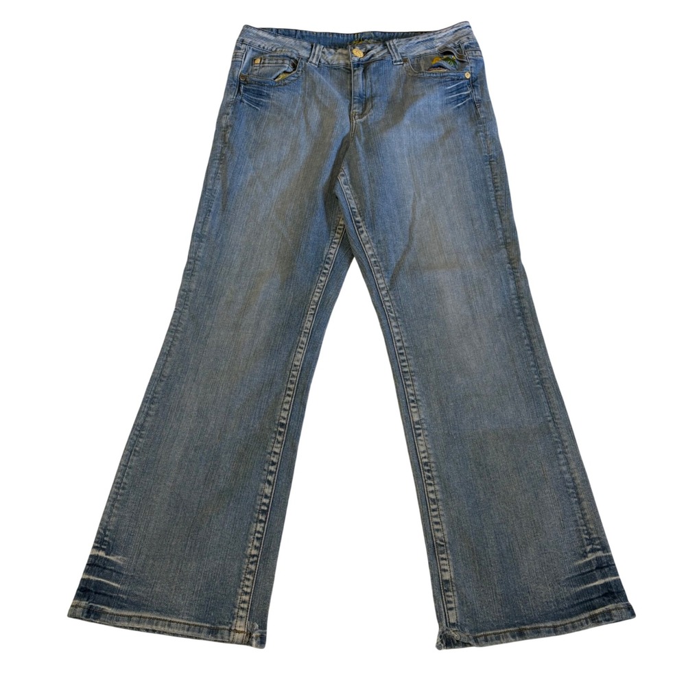 Jessica Simpson Jeans Women 16W Blue Bootcut Embroidered Lemon Detail Distressed